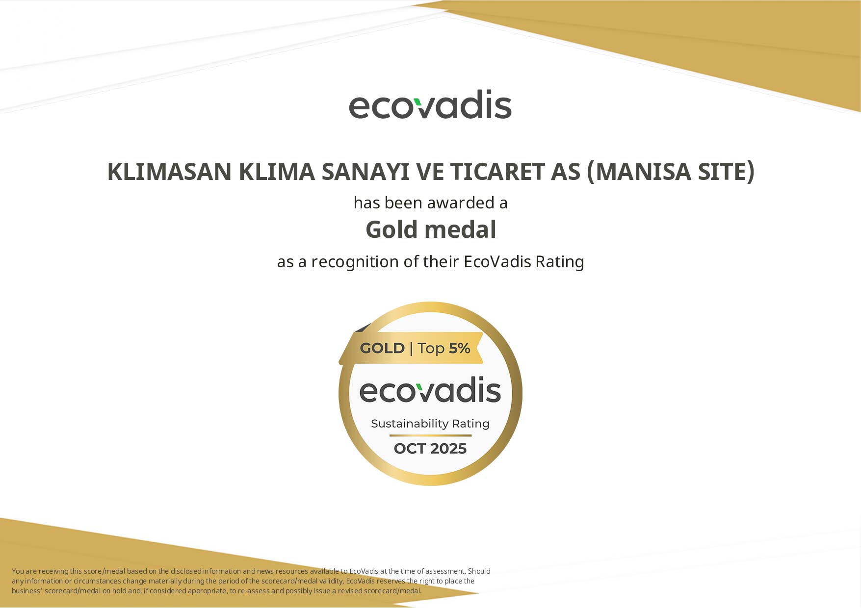 Ecovadis Rating Certificate